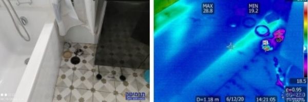 בהדמיה אינפרה אדום נראה הצטברות מים בתחתית קיר תומך אמבטיה.