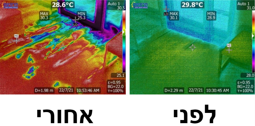 צילום תרמי לפני ואחרי המטרת מים (הדמייה גשם) לצורך בדיקת חדירת מי גשמים